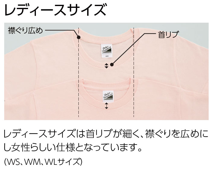 レディースサイズは首リブが細く、襟ぐりを広めにし女性らしい仕様となっています。（WS、WM、WLサイズ）